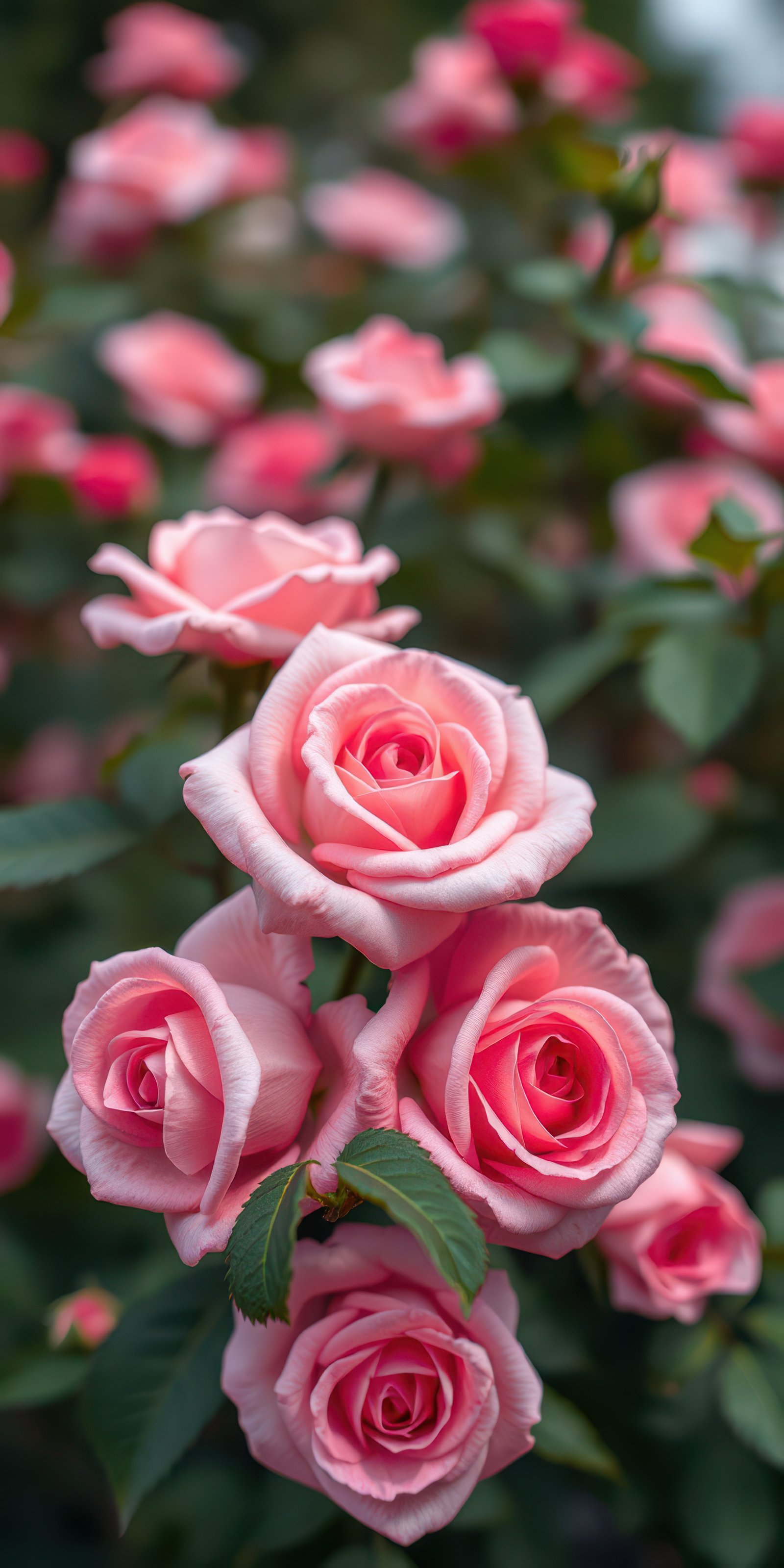 Pink roses bloom abundantly in a vibrant garden during a sunny afternoon in spring